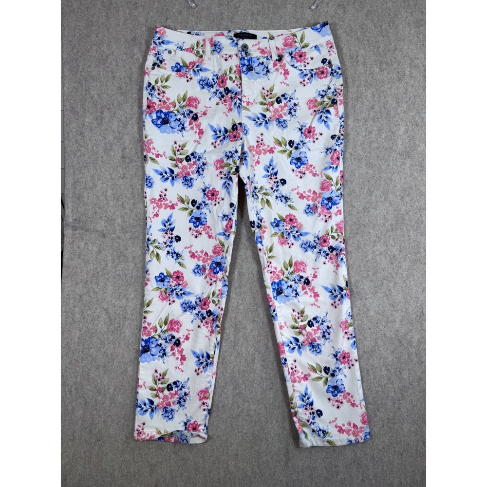 Talbots Simply Flattering 5-Pocket Floral Print Straight Leg Pants White Blue 12